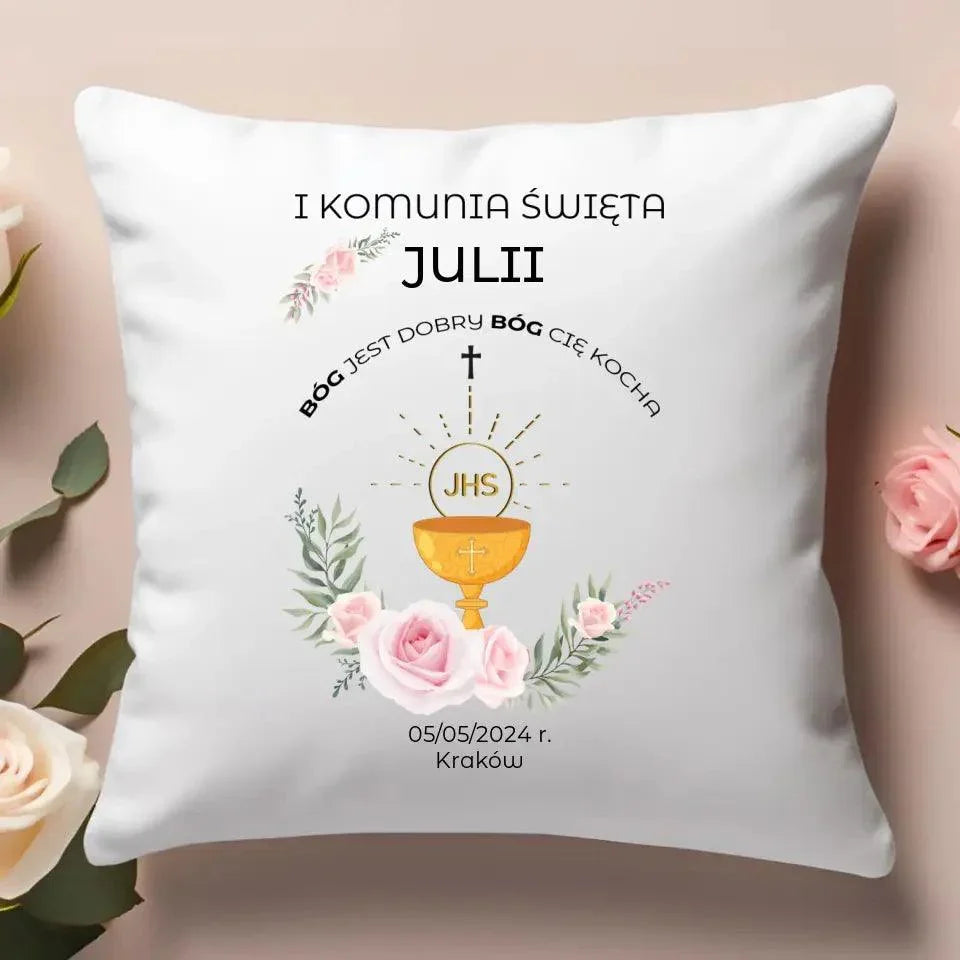 Poduszka Pierwsza Komunia Święta imię, data, miejscowość PK01 - StoryCups.pl