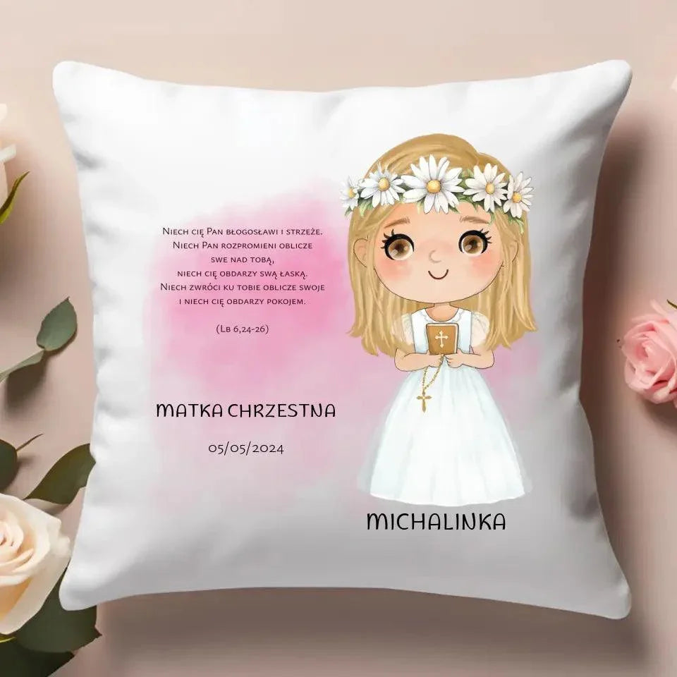 Poduszka Pierwsza Komunia Święta dla dziewczynki personalizacja cytat PK04 - StoryCups.pl