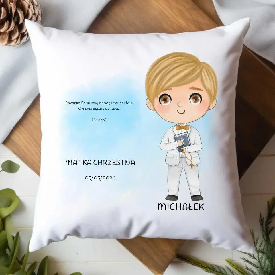 Poduszka Pierwsza Komunia Święta dla chłopca personalizacja cytat PK05 - StoryCups.pl