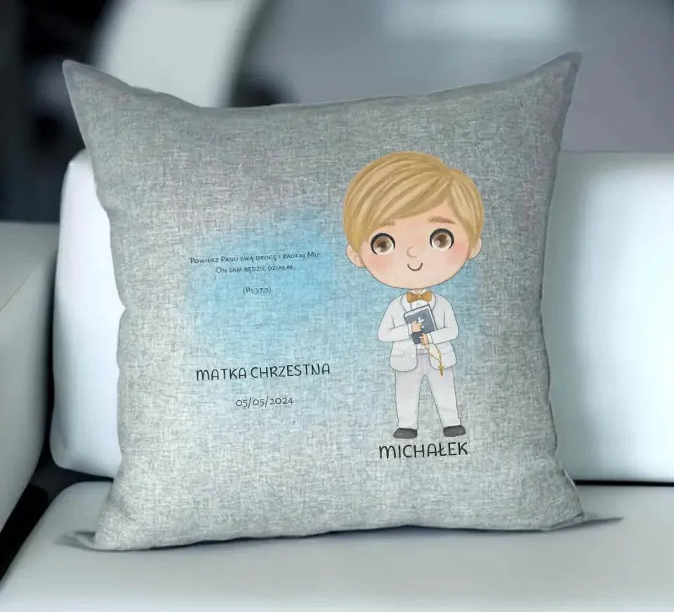 Poduszka Pierwsza Komunia Święta dla chłopca personalizacja cytat PK05 - StoryCups.pl