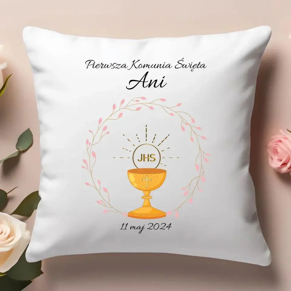 Poduszka pamiątka Pierwszej Komunii dla dziewczynki personalizacja PK02 - StoryCups.pl