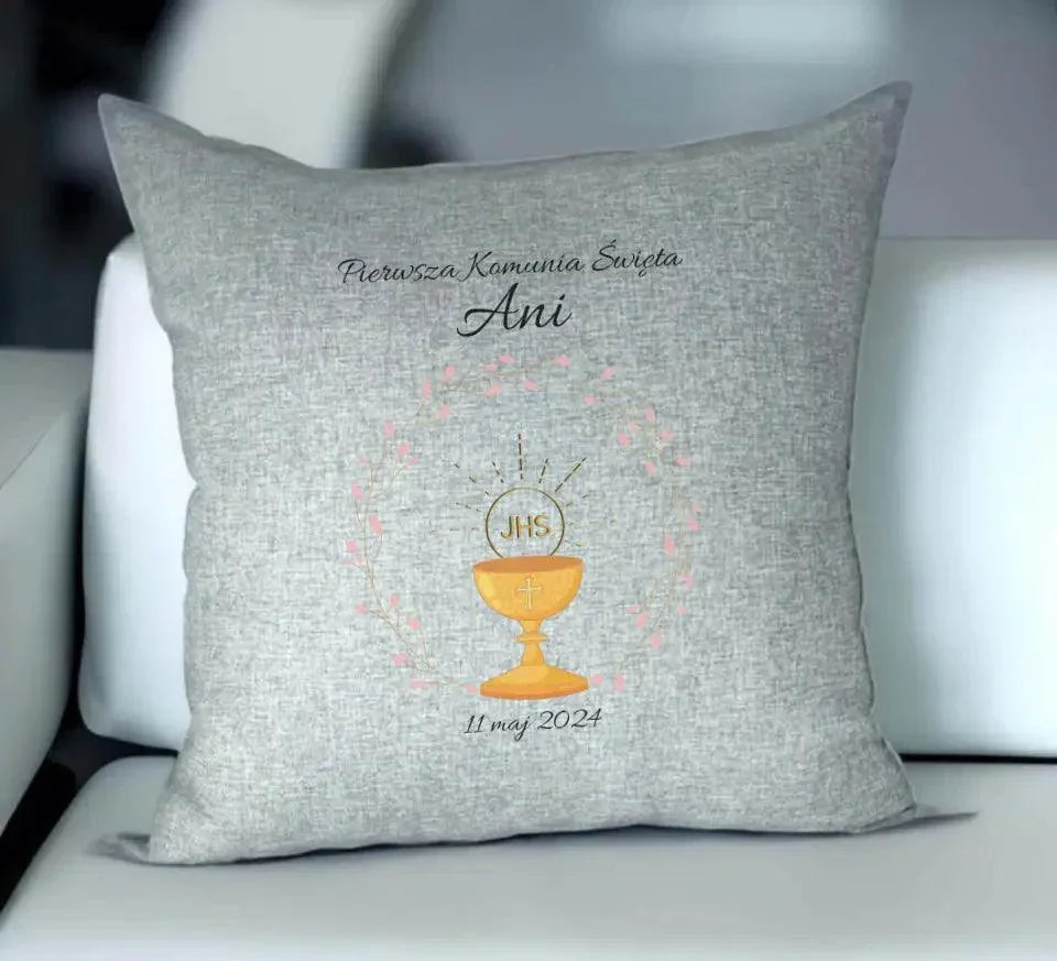 Poduszka pamiątka Pierwszej Komunii dla dziewczynki personalizacja PK02 - StoryCups.pl