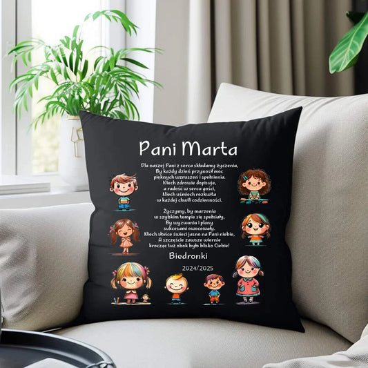 Uśmiech każdego dnia | Poduszka dekoracyjna z wierszykiem dla nauczycielki N03 - StoryCups.pl