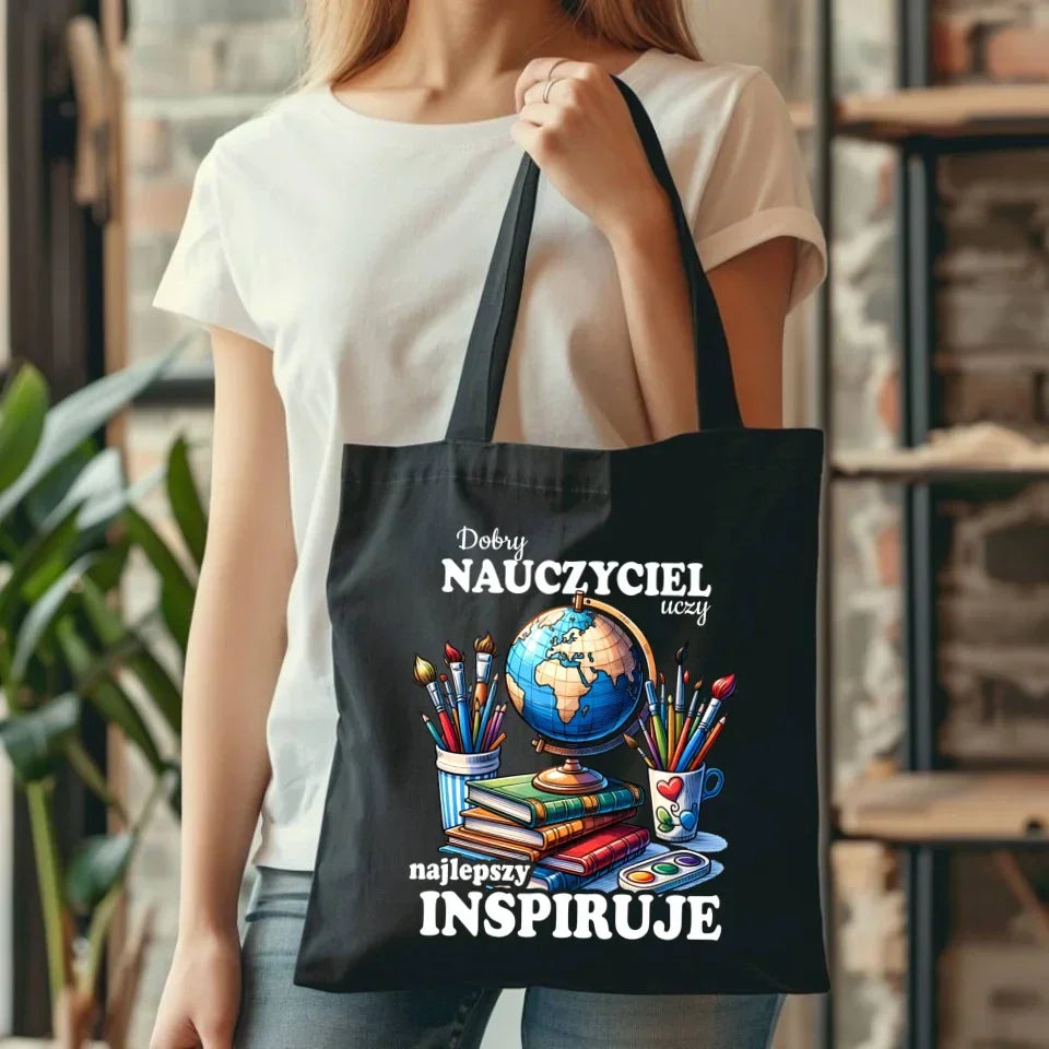 Najlepszy nauczyciel inspiruje | Torba prezent dla nauczyciela N72 - StoryCups.pl