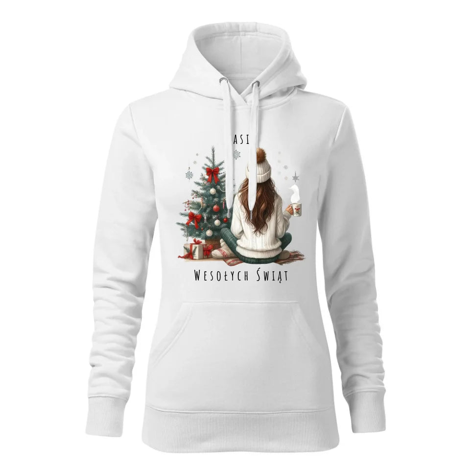 Świąteczna bluza damska z kapturem biała na prezent personalizacja hoodie Święta Boże Narodzenie Mikołajki