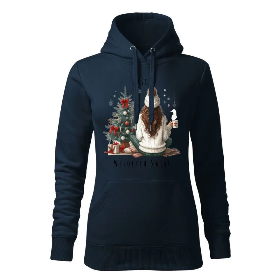 Świąteczna bluza damska z kapturem granatowa na prezent personalizacja hoodie Święta Boże Narodzenie Mikołajki