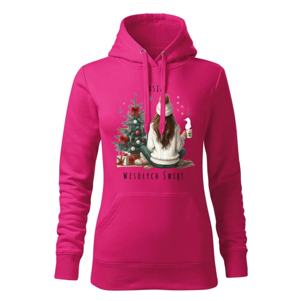 Świąteczna bluza damska z kapturem różowa na prezent personalizacja hoodie Święta Boże Narodzenie Mikołajki