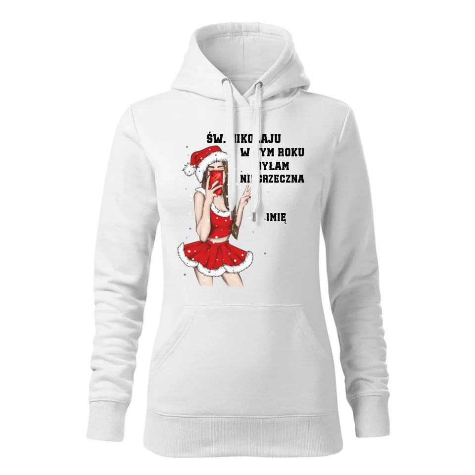 Świąteczna bluza damska z kapturem biała na prezent personalizacja hoodie Święta Boże Narodzenie Mikołajki