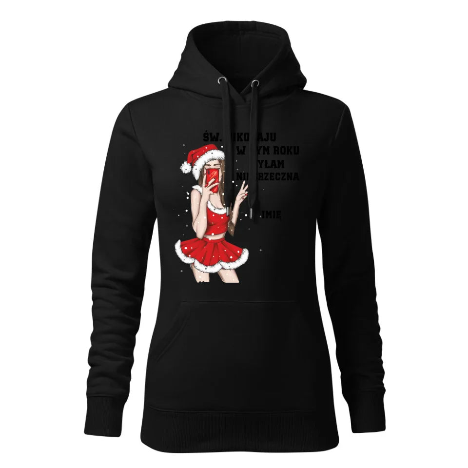 Świąteczna bluza damska z kapturem czarna na prezent personalizacja hoodie Święta Boże Narodzenie Mikołajki