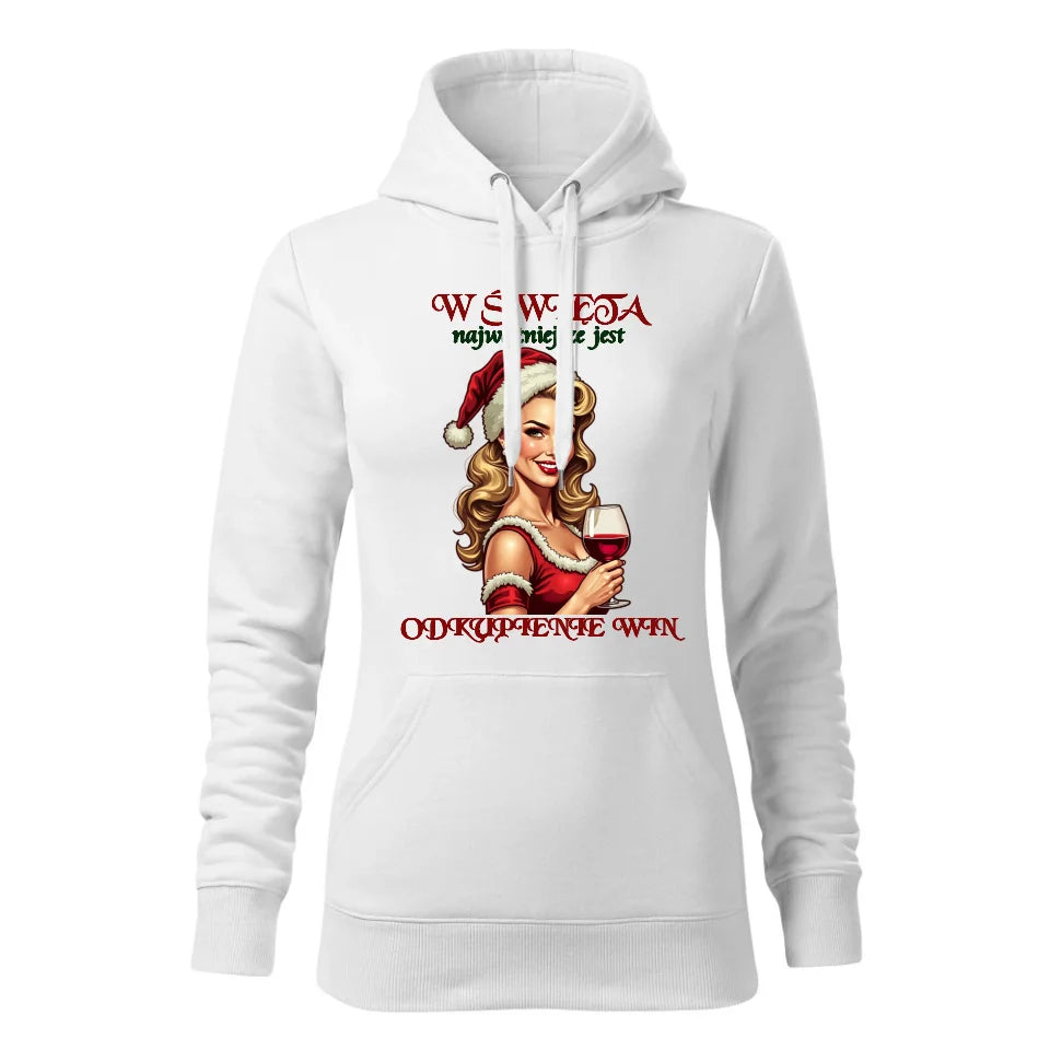 Świąteczna bluza damska z kapturem biała na prezent personalizacja hoodie Święta Boże Narodzenie Mikołajki