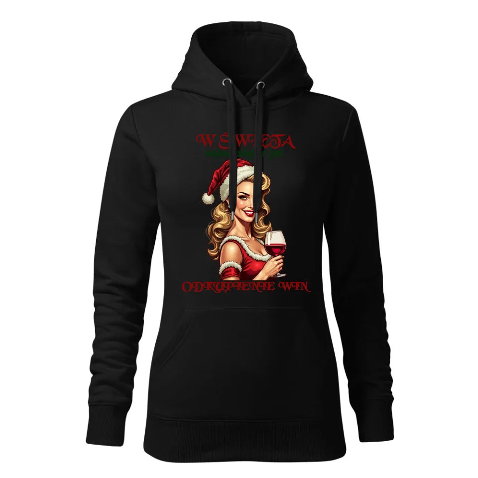 Świąteczna bluza damska z kapturem czarna na prezent personalizacja hoodie Święta Boże Narodzenie Mikołajki