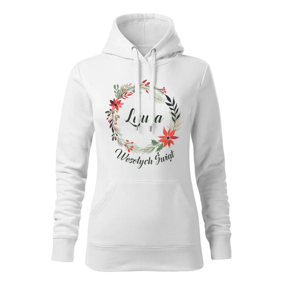 Świąteczna bluza damska z kapturem biała na prezent personalizacja hoodie Święta Boże Narodzenie Mikołajki