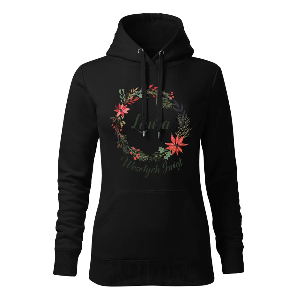 Świąteczna bluza damska z kapturem czarna na prezent personalizacja hoodie Święta Boże Narodzenie Mikołajki