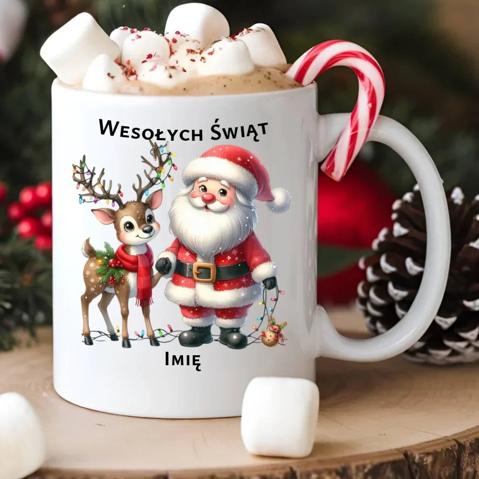 Mikołaj i renifer | Personalizowany świąteczny kubek BN09 - StoryCups.pl