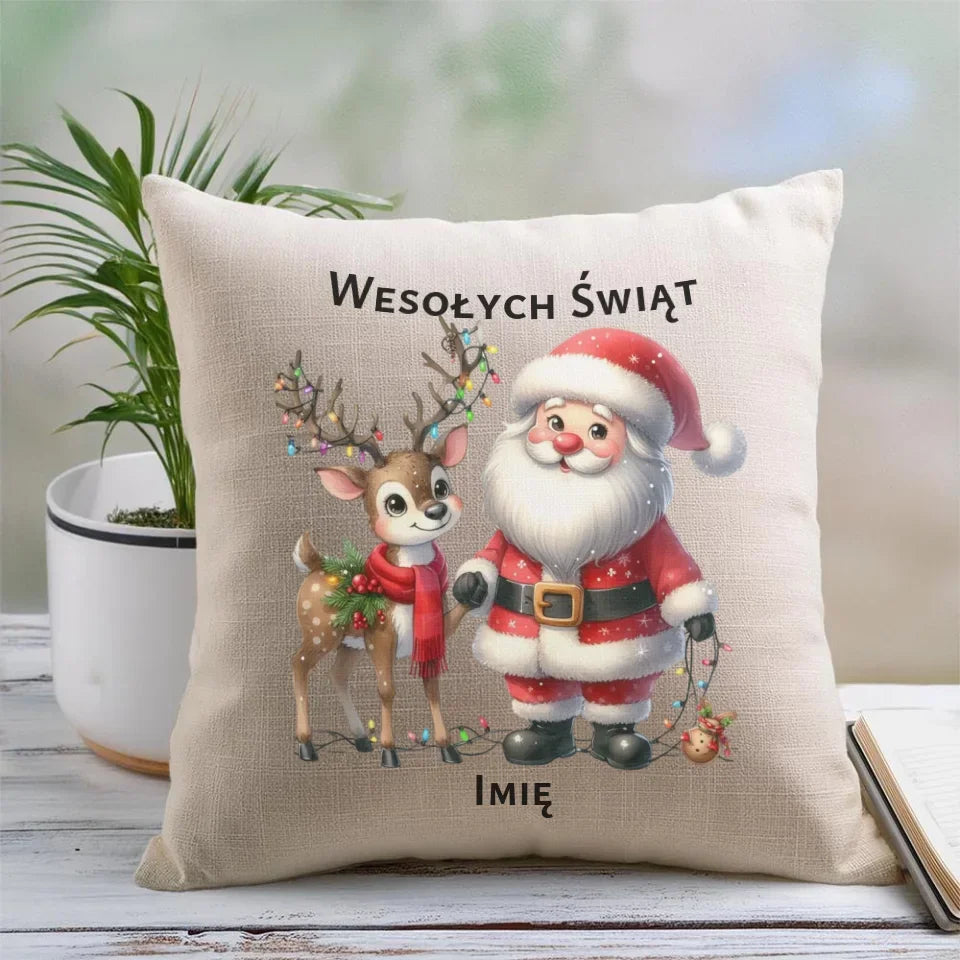 Mikołaj i renifer | Personalizowana świąteczna poduszka BN09 - StoryCups.pl