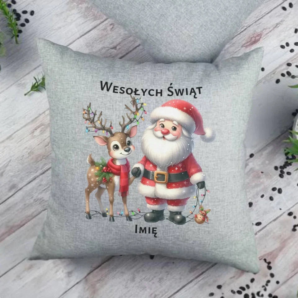 Mikołaj i renifer | Personalizowana świąteczna poduszka BN09 - StoryCups.pl