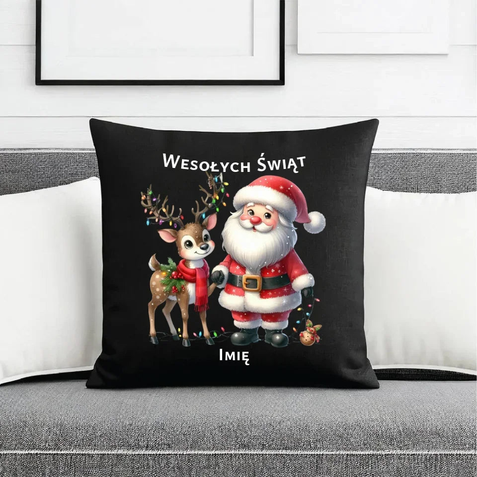 Mikołaj i renifer | Personalizowana świąteczna poduszka dekoracyjna BN09 - StoryCups.pl