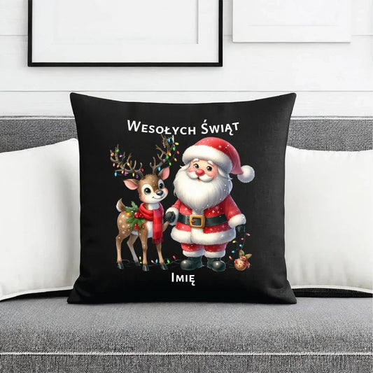 Mikołaj i renifer | Personalizowana świąteczna poduszka dekoracyjna BN09 - StoryCups.pl