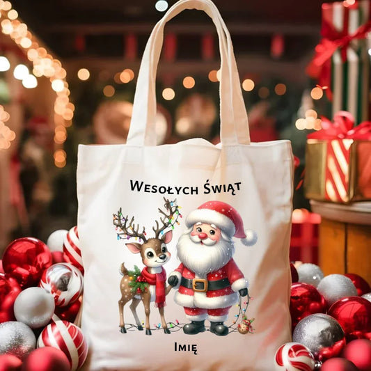 Mikołaj i renifer | Personalizowana świąteczna eco torba BN09 - StoryCups.pl