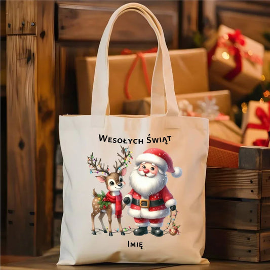 Mikołaj i renifer | Personalizowana świąteczna eco torba BN09 - StoryCups.pl