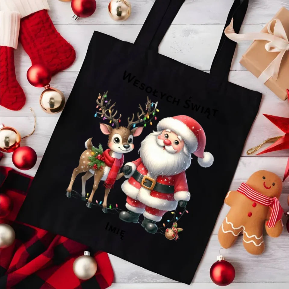Mikołaj i renifer | Personalizowana świąteczna eco torba BN09 - StoryCups.pl