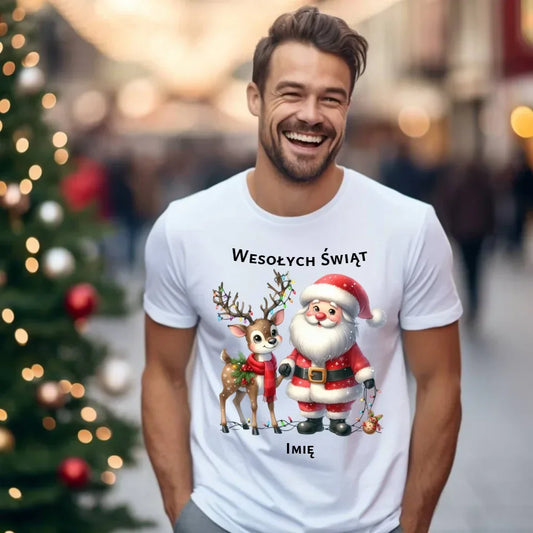 Mikołaj i renifer | Personalizowana świąteczna koszulka męska BN09 - StoryCups.pl