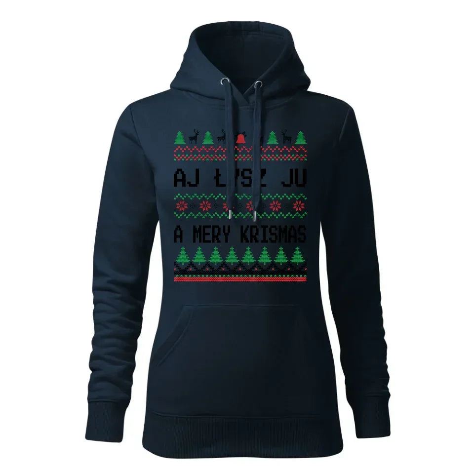 Aj łysz ju a mery krismas | Świąteczna bluza damska z kapturem BN12 - StoryCups.pl