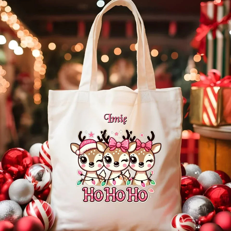 Ho ho ho reniferki | Świąteczna eco torba z imieniem BN49 - StoryCups.pl