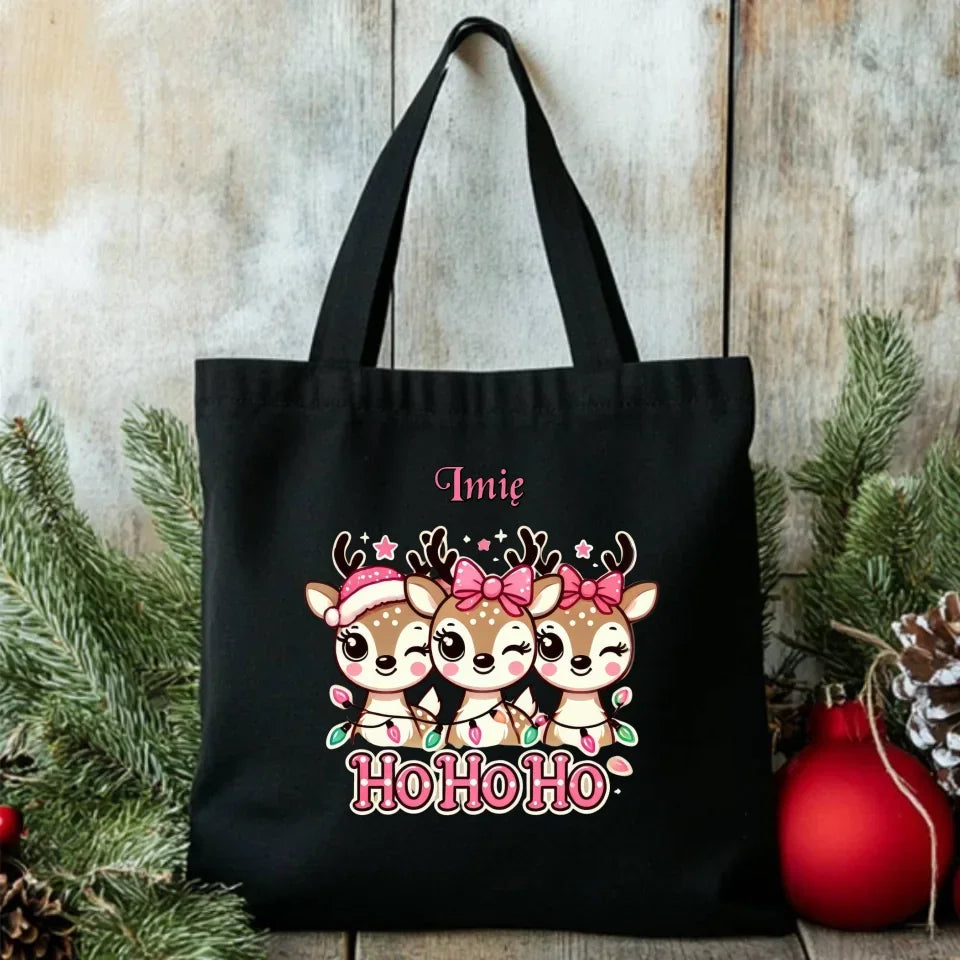 Ho ho ho reniferki | Świąteczna eco torba z imieniem BN49 - StoryCups.pl