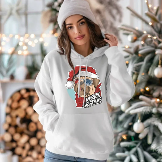 Merry Christmas | Świąteczna bluza damska z kapturem i mopsem BN62 - StoryCups.pl