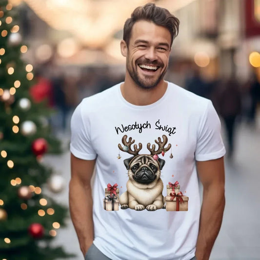 Mops Wesołych Świąt | Świąteczna koszulka męska BN91 - StoryCups.pl