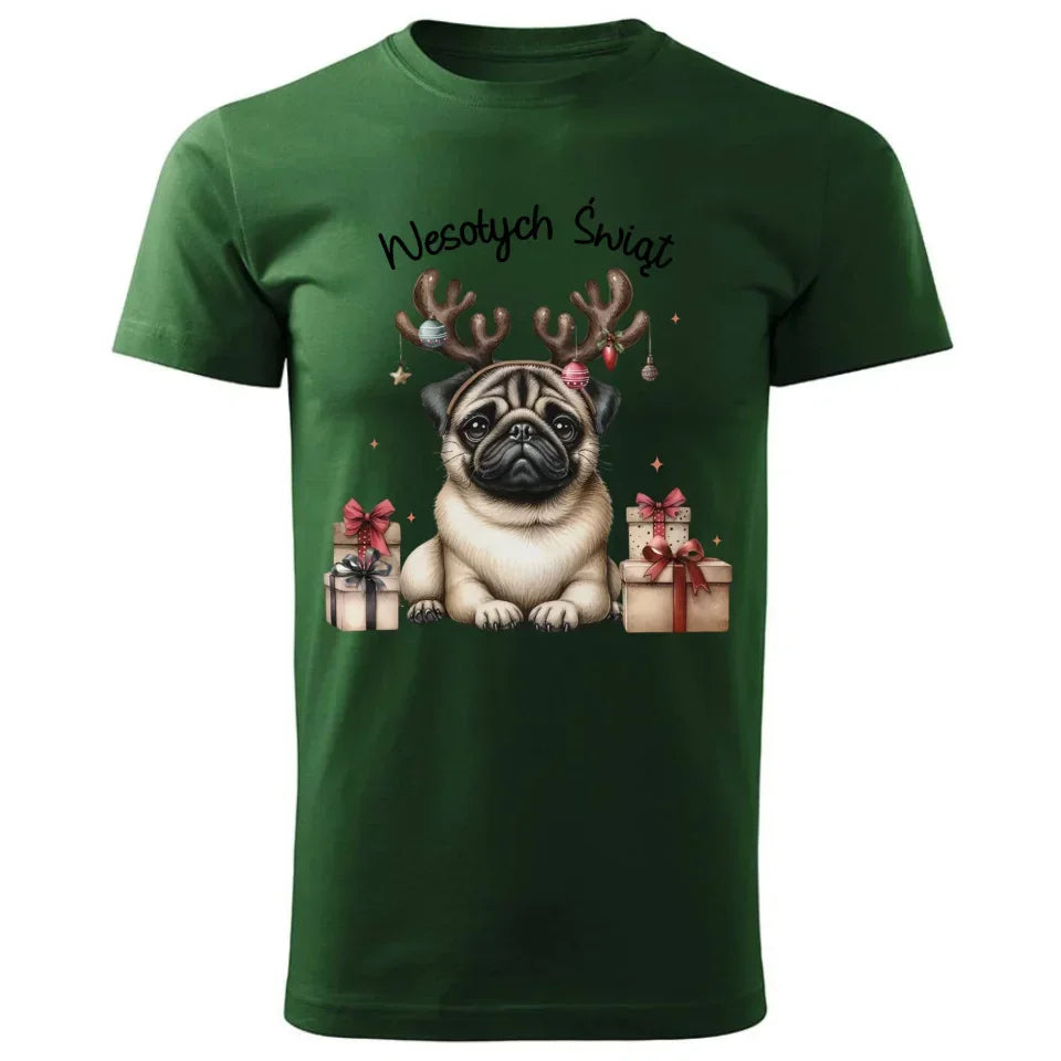 Mops Wesołych Świąt | Świąteczna koszulka męska BN91 - StoryCups.pl