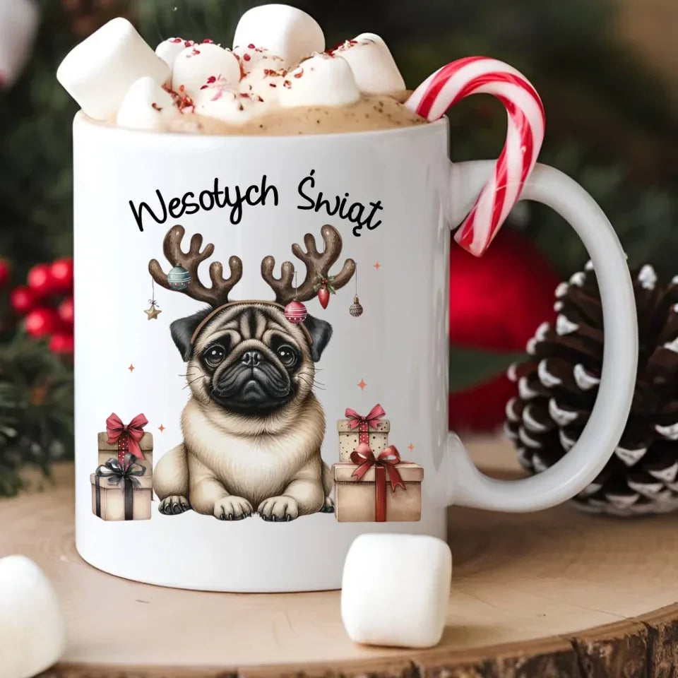 Mops Wesołych Świąt | Świąteczny kubek BN91 - StoryCups.pl
