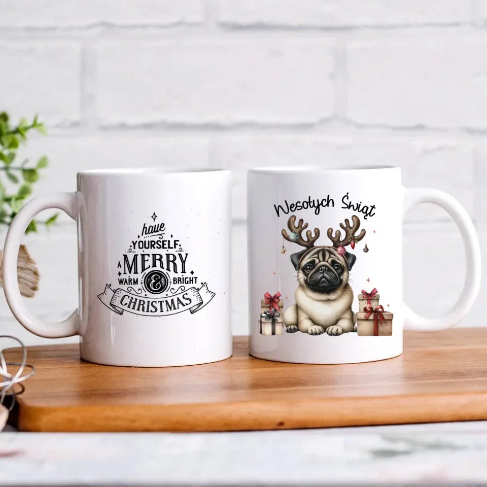 Mops Wesołych Świąt | Świąteczny kubek BN91 - StoryCups.pl