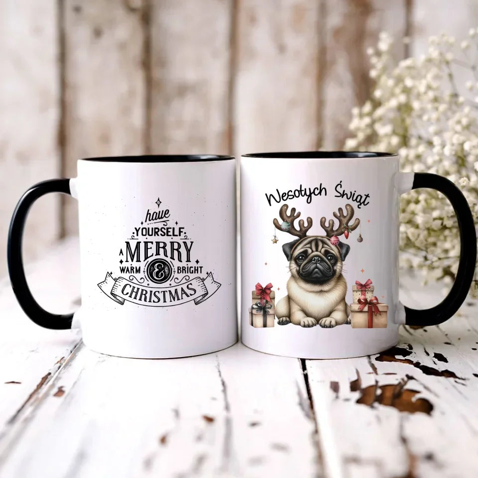 Mops Wesołych Świąt | Świąteczny kubek BN91 - StoryCups.pl