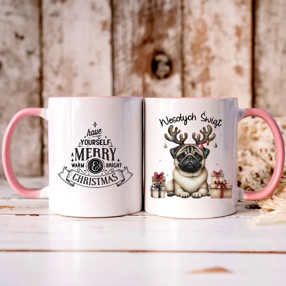 Mops Wesołych Świąt | Świąteczny kubek BN91 - StoryCups.pl