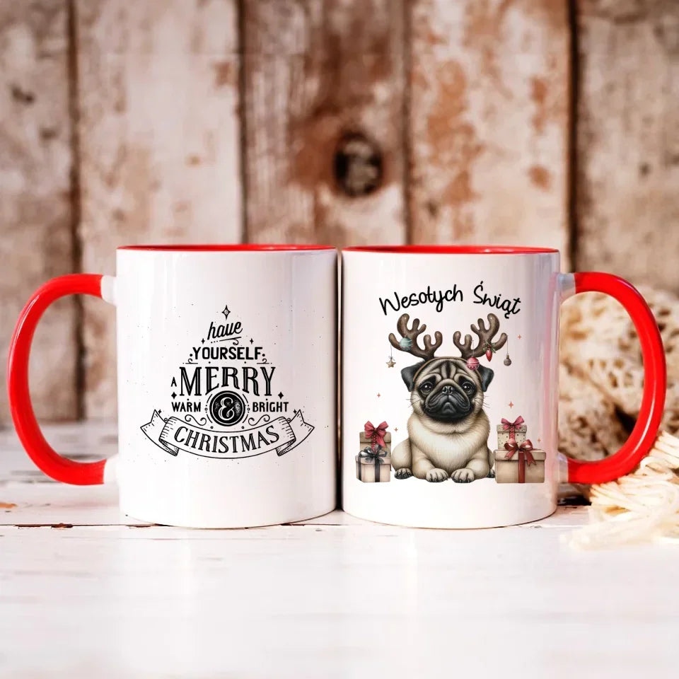 Mops Wesołych Świąt | Świąteczny kubek BN91 - StoryCups.pl