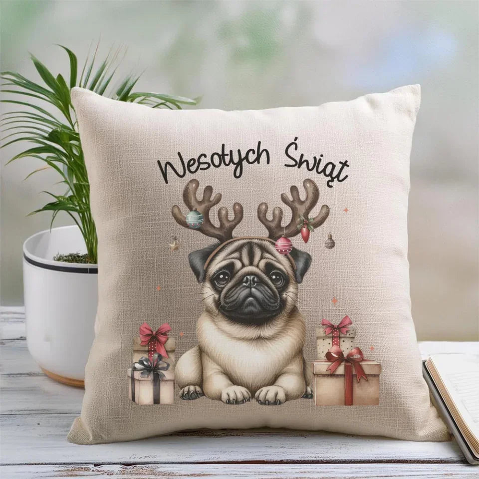 Mops Wesołych Świąt | Świąteczna poduszka BN91 - StoryCups.pl