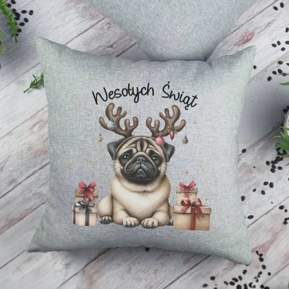 Mops Wesołych Świąt | Świąteczna poduszka BN91 - StoryCups.pl
