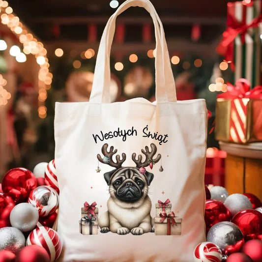 Mops Wesołych Świąt | Świąteczna torba BN91 - StoryCups.pl