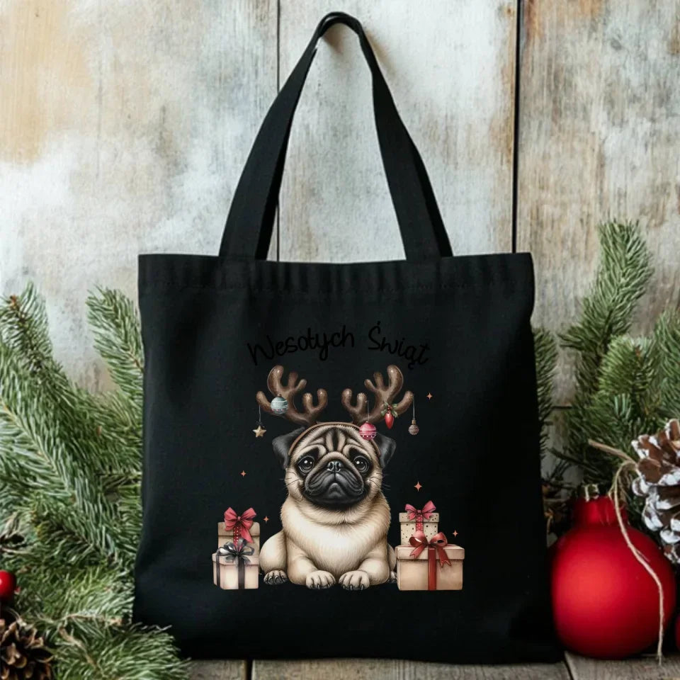 Mops Wesołych Świąt | Świąteczna torba BN91 - StoryCups.pl