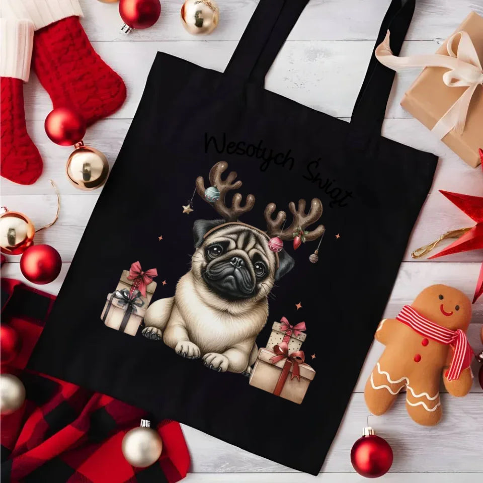 Mops Wesołych Świąt | Świąteczna torba BN91 - StoryCups.pl
