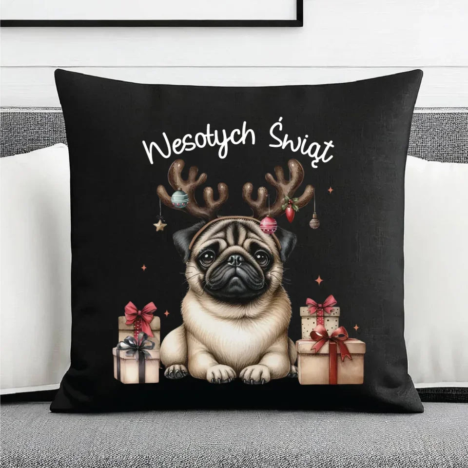 Mops Wesołych Świąt | Świąteczna poduszka dekoracyjna BN91 - StoryCups.pl