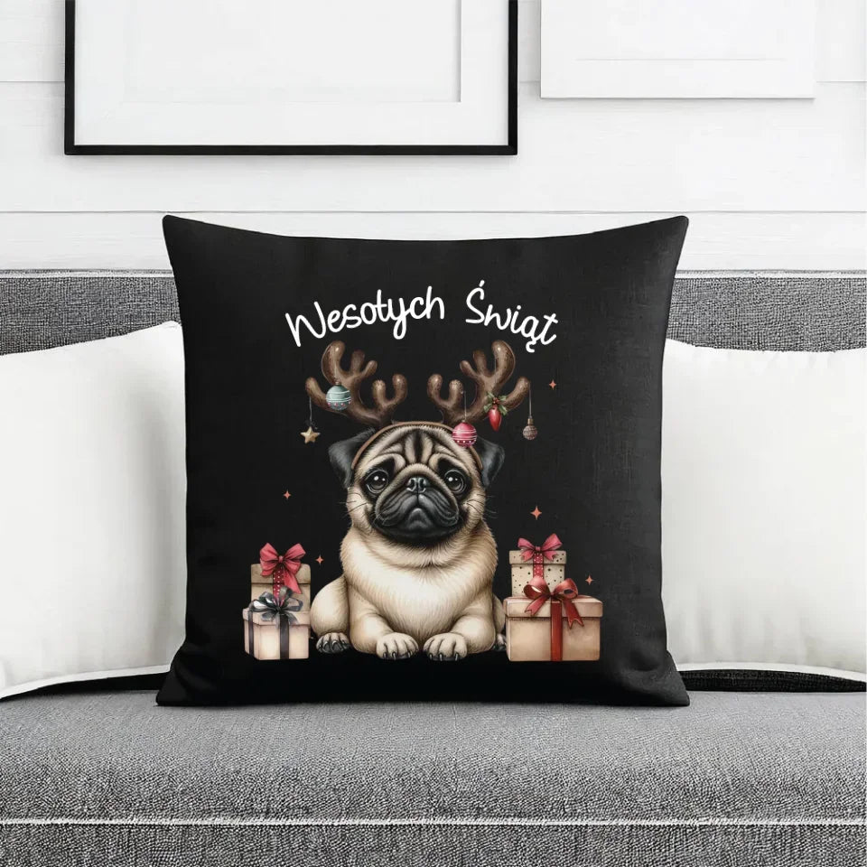 Mops Wesołych Świąt | Świąteczna poduszka dekoracyjna BN91 - StoryCups.pl