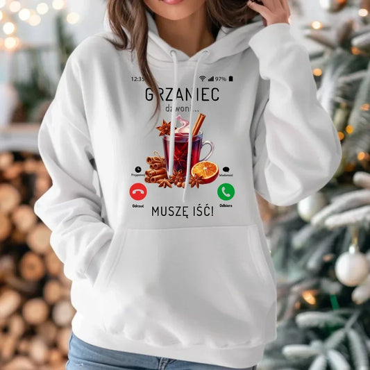 Grzaniec dzwoni muszę iść | Świąteczna bluza damska z kapturem BN127 - StoryCups.pl