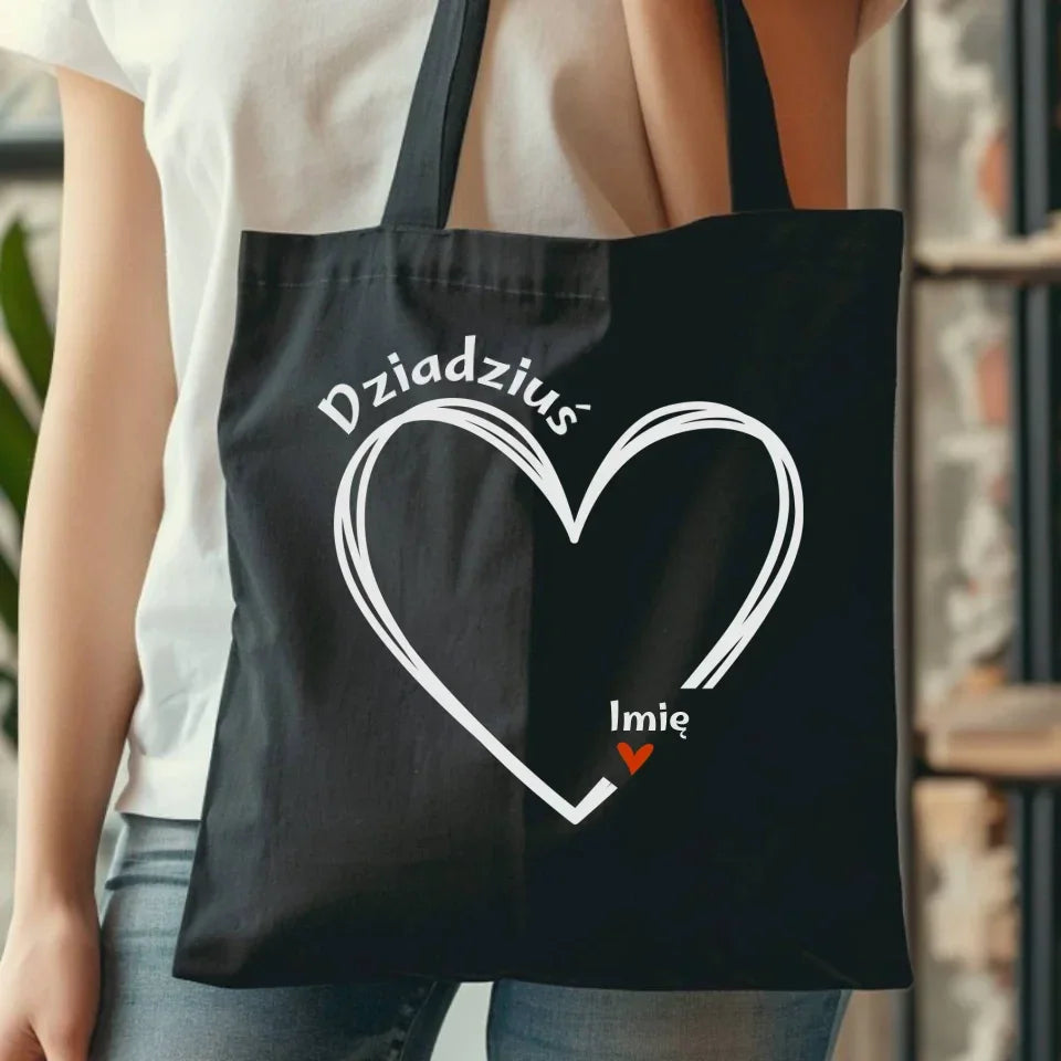 Dziadziuś z sercem imiona | Personalizowana czarna torba dla dziadka D26 - StoryCups.pl