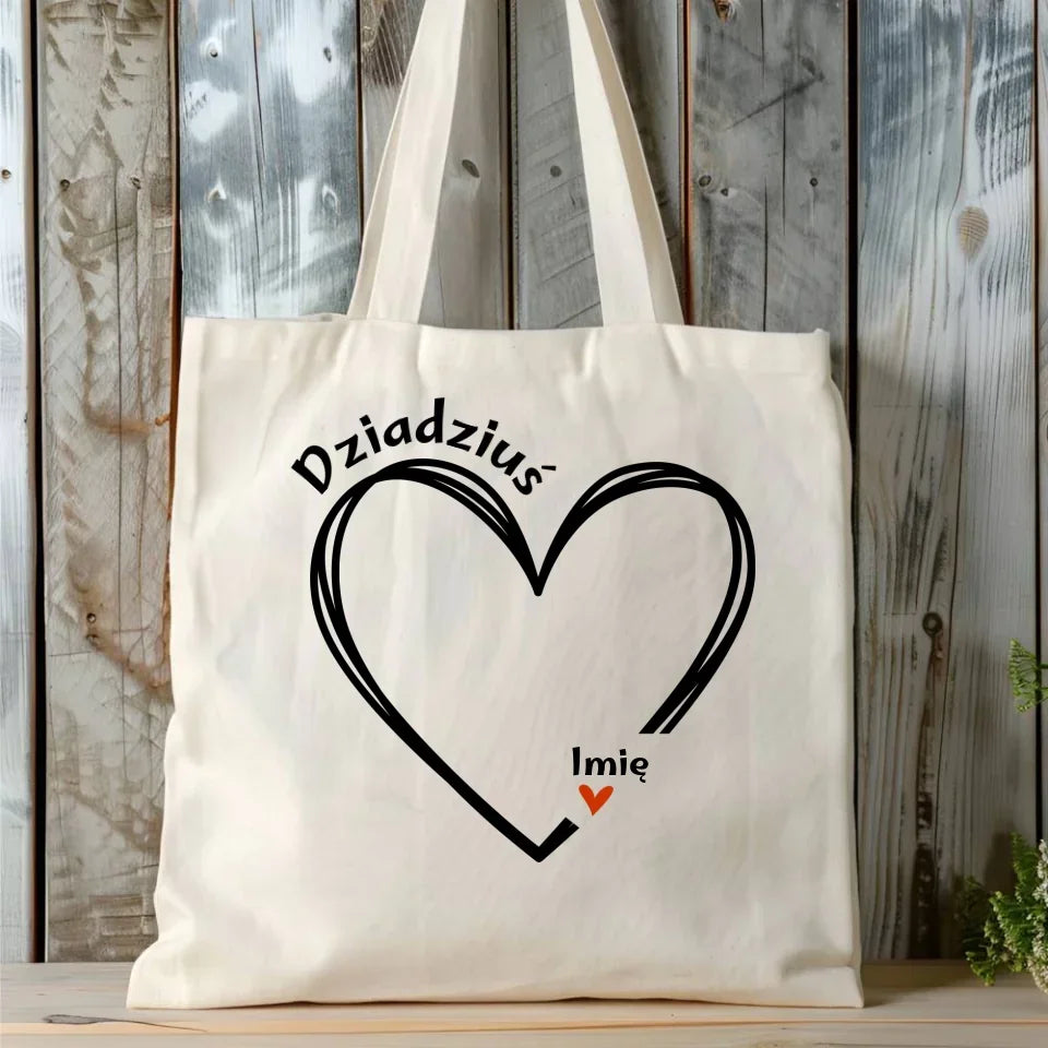 Dziadziuś z sercem imiona | Personalizowana torba naturalna dla dziadka D26 - StoryCups.pl