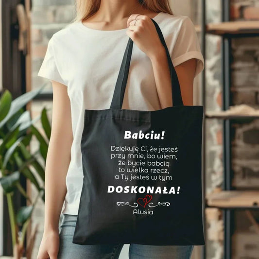 Babciu jesteś doskonała | Czarna torba z dedykacją dla babci B22 - StoryCups.pl