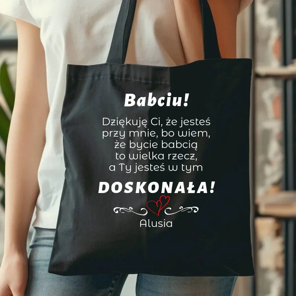 Babciu jesteś doskonała | Czarna torba z dedykacją dla babci B22 - StoryCups.pl