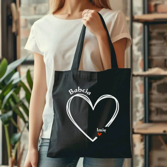Serce z imionami wnuków | Personalizowana czarna torba dla babci B26 - StoryCups.pl